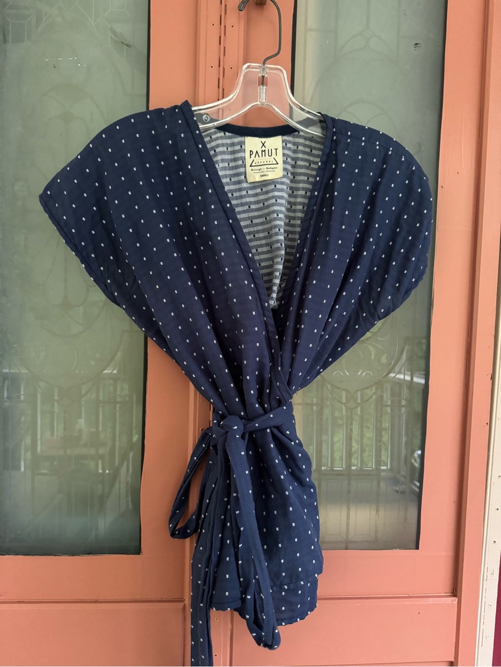 Handmade 100% Cotton wrap top reversible S navy polka dot